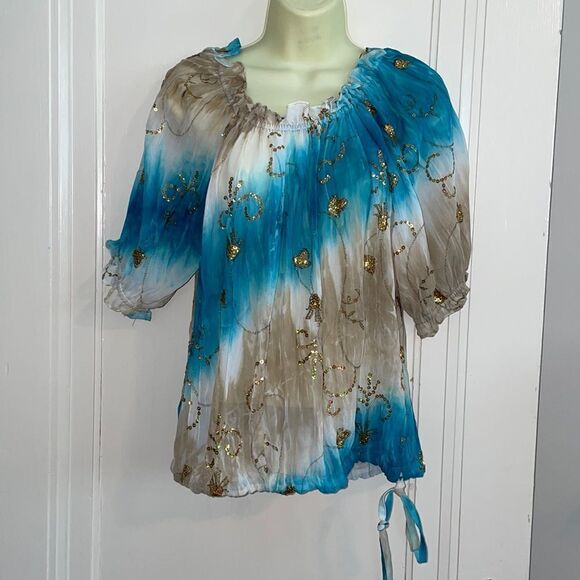 Peter Nygard turquoise & tan polyester blouse with gold spangles & embroidery - Picture 1 of 9